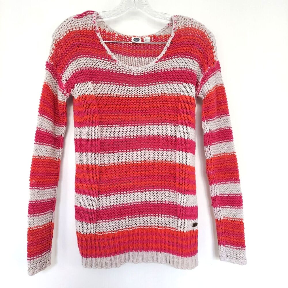 Roxy Crochet Sweater Size Medium Open Knit Pink White Stripe